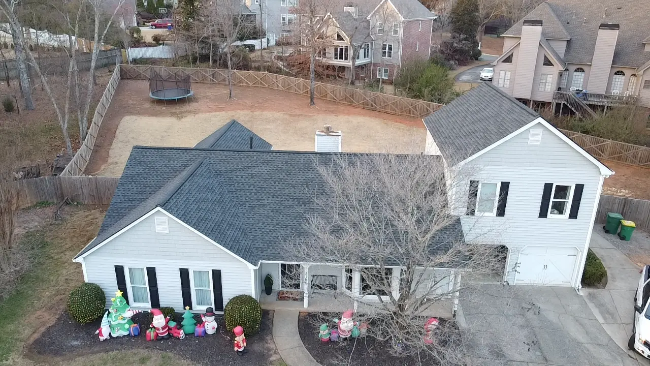 Aerial view of a gray shingle roof on a ranch-style home